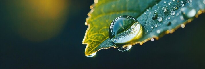Poster - Dew drop reflecting planet Earth symbolizes natures beauty on a leaf in early morning light