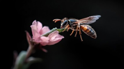 Poster - Detailed macro shot of a golden wasp perched on a delicate pink flower against a stark black background. The wasp's intricate patterns and the flower's soft texture are highlighted by the lighting