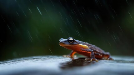 Poster - A small frog sits in the rain with a blurred green background. Its orange and black skin contrasts against the dark wet surface beneath it, capturing a moment of stillness in a downpour