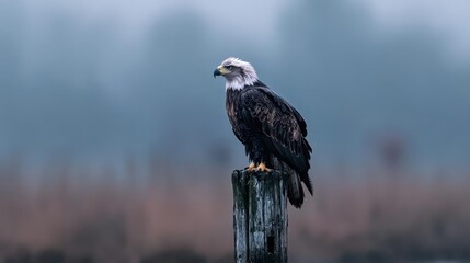 Poster - A side-view of an immature bald eagle perched atop a weathered wooden post, set against a blurred, muted gray background. The scene evokes a serene, natural setting, highlighting the eagle's textured