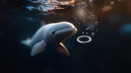 Poster - Underwater shot of a white beluga whale swimming through the deep ocean water with bubbles rising near its face. The light from above filters through creating a bokeh effect. Close up shot showcasing