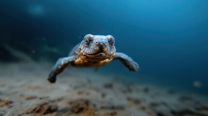 Aufkleber - Close up of a sea turtle swimming in a blue ocean with sandy ground in the background, focused on the turtle's head and front flippers, highlighting the details of its textured skin and the
