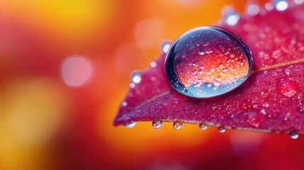 Poster - Macro view captures reflection of Earth in dew drop on leaf with vibrant colors in background