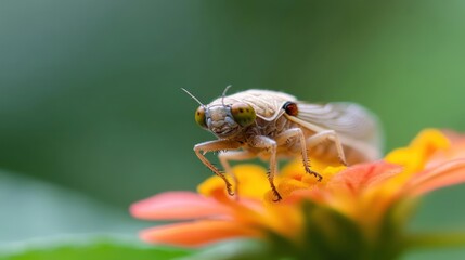 Poster - Macro photograph shows a small, cream-colored insect with patterned eyes perched on a vibrant orange flower. The insect has delicate wings and intricate markings on its body, set against a soft