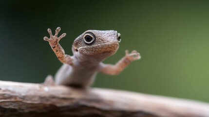 Poster - A close-up shot capturing a small gecko with a brown hue, perched on a light brown branch. The reptile's front legs are raised, set against a blurred background of dark and light green, creating a