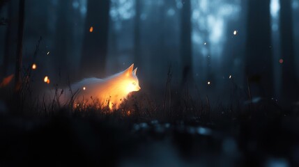 Leinwandbilder - Abstract digital art depicting a glowing fox-like shape amidst a dark forest. The ethereal, pixelated creature stands out against the blurred background of trees and foliage, with scattered sparks