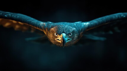 Aufkleber - Close-up of an eagle soaring through the air. The eagle's feathers have a blue tint and the underside is lit with golden light. The background is a blurry mix of blues and blacks, adding to the sense