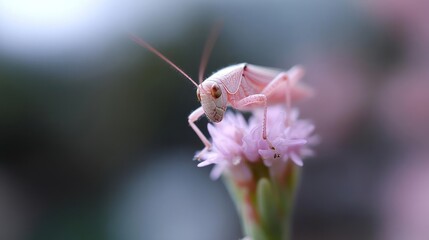 Poster - Macro shot of a pink grasshopper perched atop a pink flower bud, with a blurred background of greenery and soft lighting that highlights the delicate textures of the insect and floral details