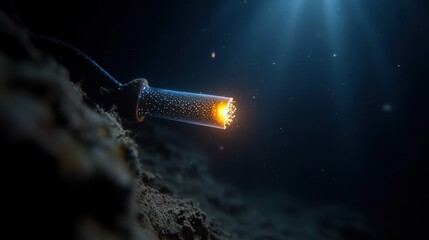 Aufkleber - A close-up shot showcases an underwater cable with illuminated orange light emanating from its end. The surrounding environment is dark, with sediment and textures, and light rays shining from above