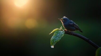 Poster - A small, gray bird with droplets on its plumage sits perched on a dew-covered leaf against a soft-focus, golden sunset backdrop. The scene is bathed in warm light, accentuating the freshness of