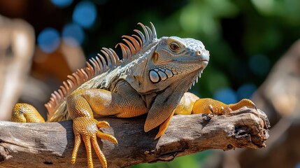 Fototapete - A close-up showcases an iguana perched on a branch, with a blurred green leafy background and clear blue sky. The iguana displays scales of yellow, green, black and tan