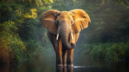 Poster - A majestic elephant stands in shallow water, illuminated by soft light filtering through lush green foliage. The water reflects the surrounding trees, creating a serene, natural scene showcasing the