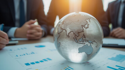 Poster - Business Meeting with Globe and Data Charts at Table, Global Strategy Concept for Corporate Discussion and Analysis