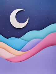 Poster - Pastel moon hanging over soft hills in a tranquil night sky with twinkling stars