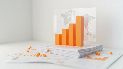Poster - Orange Bar Graph Displaying Growth Trends with World Map Background and Paper Documents on the Table in Modern Office Setting