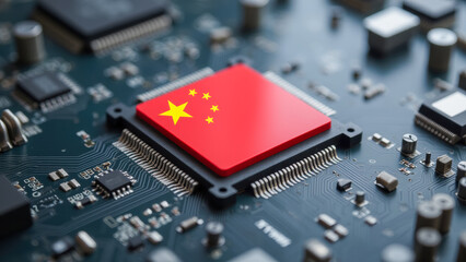 Poster - Microchip with China Flag on Circuit Board Representing Technology Advancement and International Influence in Electronics Industry