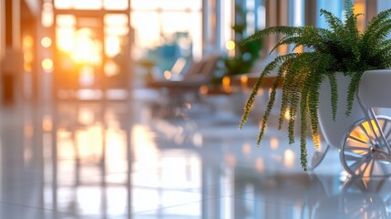 Poster - Serene indoor space with sunlight streaming through glass windows and lush plants in a modern setting during golden hour