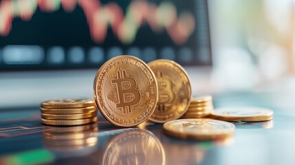 Poster - Gold bitcoin coins on a trading platform with fluctuating market charts in the background