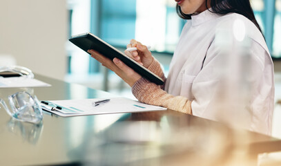 Poster - Science, woman or hands with tablet in laboratory for research notes, results or exam assessment. Japanese medical college, stylus or student with digital report for experiment review or writing test
