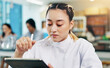 © peopleimages.com - Tablet, pen and woman in university lab for science lecture with notes for exam or test. Digital technology, education and Japanese student with biology research for studying with college assignment.