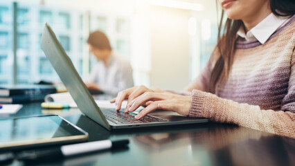 Poster - Laptop, hands and businesswoman in office typing report for annual finance revenue in company. Computer, technology and female financial planner with email for investment stakeholder with profit.