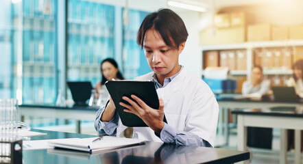 Poster - Tablet, education and man in university lab for science lecture with notes for exam or test. Digital technology, studying and Japanese male student with biology research for college assignment.