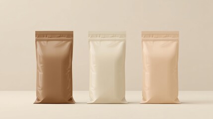 Aufkleber - dimensional brown and beige coffee bags with metallic zipper closure on minimalist light background. 3D mockup template for packaging design, brand identity, product label, or commercial branding conc