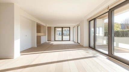 Poster - Bright and spacious empty room with large windows and natural light in modern residential building