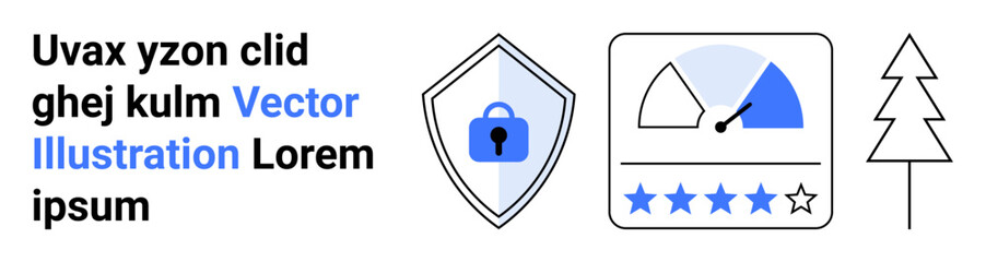 Poster - shield with lock for security, efficiency gauge, star-based rating, and tree outline symbol. ideal f