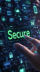Poster - hand touching glowing Secure icon on futuristic digital interface with security symbols