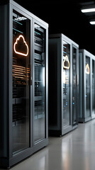 Poster - futuristic server room with glowing cloud icons on glass doors, showcasing advanced technology