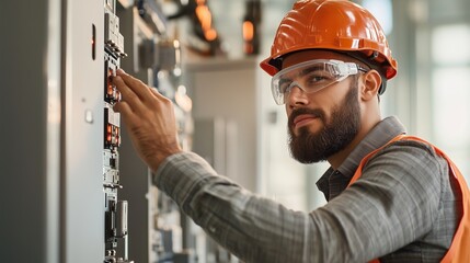 Poster - Engineer performs maintenance on electrical control panel in modern facility