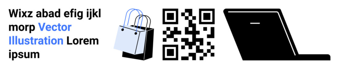 QR code next to shopping bag and laptop symbolizing digital shopping, e-commerce, online retail, marketing, payment, technology, and innovation. Ideal for modern business promotion and flat landing