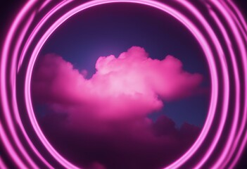 Wall Mural - environment illuminated pink light shaped neon fluorescent dark circle cloud formation frame blue fun night trendy vibrant premium cumulus cyber space no people abstract nightlife colourful billow