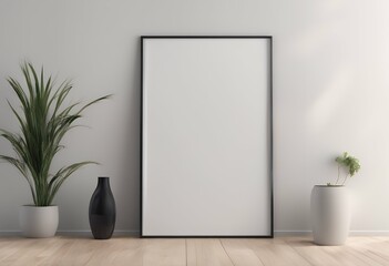 Wall Mural - frame next photo wall floor picture empty rendering mockup black blank poster vertical standing mock 3d wooden white light portfolio parquet design laminate up realistic isolated apartment mock-up