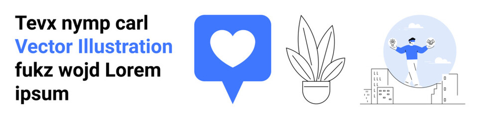 Poster - blue heart inside chat icon, potted plant, person balancing on rope in urban setting. ideal for comm