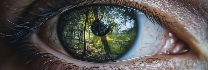 Poster - Close-up view of an eye reflecting a serene forest with green tones highlighting natures beauty in detail