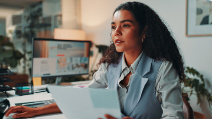 Poster - Business, document and woman in office, online reading and review magazine layout. Person, journalist and editor in workplace, research for article and internet with proposal, email and report