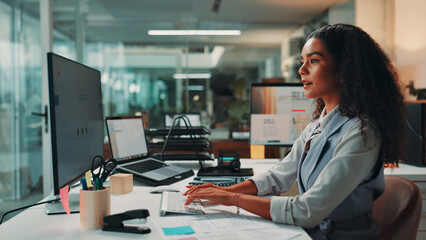 Poster - Night, typing and woman with computer, office and journalist with ideas for story, deadline and creative. Business, reporter and person with tech for article, planning and employee with inspiration