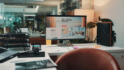 Aufkleber - Empty office, computer and monitor on desk for business strategy, call center and digital display. Interior, workplace and screen on table with pc for company growth info, website or customer service