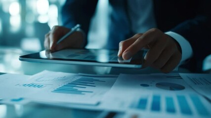 Poster - Analyzing Financial Data: A close-up shot of a businessman's hands meticulously reviewing financial data on a tablet, surrounded by charts and graphs.