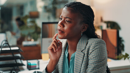 Poster - Idea, confused and black woman in office with planning, decision or choice for company investment. Brainstorming, professional and African female financial manager thinking for corporate budget.