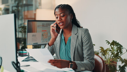 Aufkleber - Documents, phone call and proofreading with business black woman in office for administration or update. Conversation, feedback and review with serious African employee in workplace for negotiation
