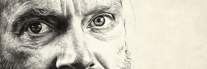 Poster - Engraved black and white portrait showcasing classic etching texture of a thoughtful man with intense gaze