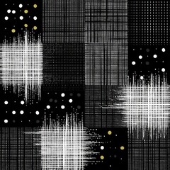 Aufkleber - Abstract Composition: Grid Patterns, White Splatters, and Polka Dots on Black Canvas.
