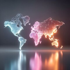 Poster - Global Illumination: A Neon World Map Projected with a Geometric Pattern and a Reflective Surface