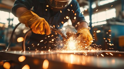Poster - Skilled worker welding metal in a workshop during daylight, producing bright sparks and showcasing craftsmanship