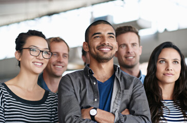 Poster - Confidence, creative and group with smile, business and happiness for men, women and collaboration. Advertising agency, designer and employees for project in company, proud and commitment for working