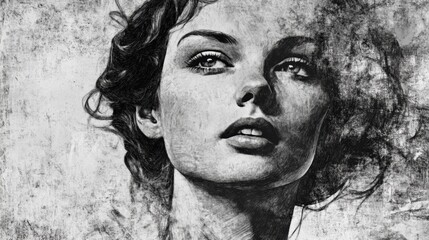 Aufkleber - Engraved black and white portrait highlighting a vintage style with classic etching texture portraying a captivating woman from a bygone era