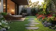 © andi - Tranquil courtyard oasis with modern furniture and lush greenery.  Inviting patio area with a stone pathway, lounge furniture, and vibrant flowers